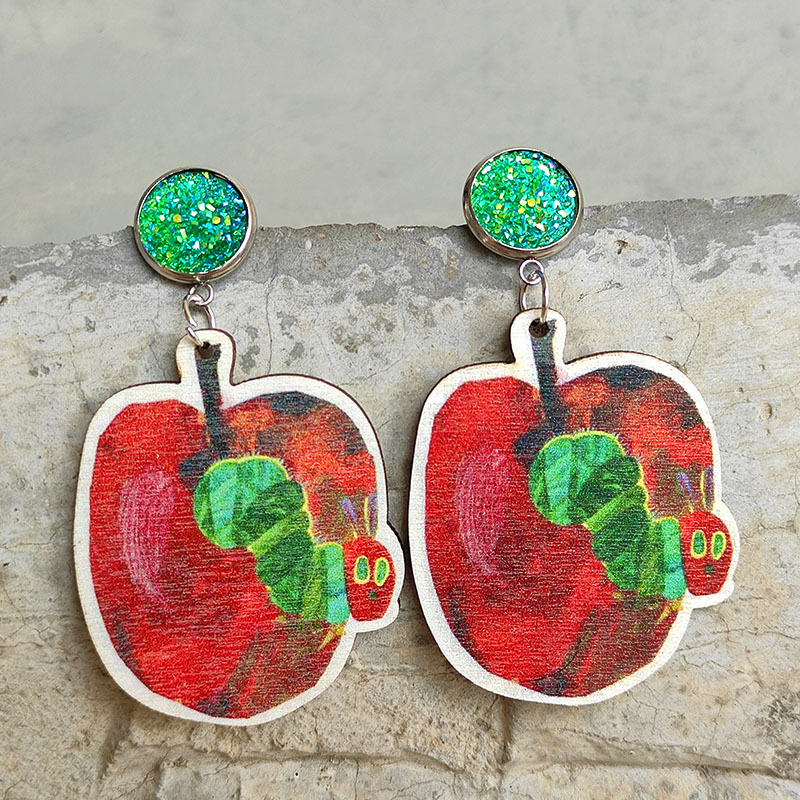 Apple And Caterpillar  Wooden Earrings