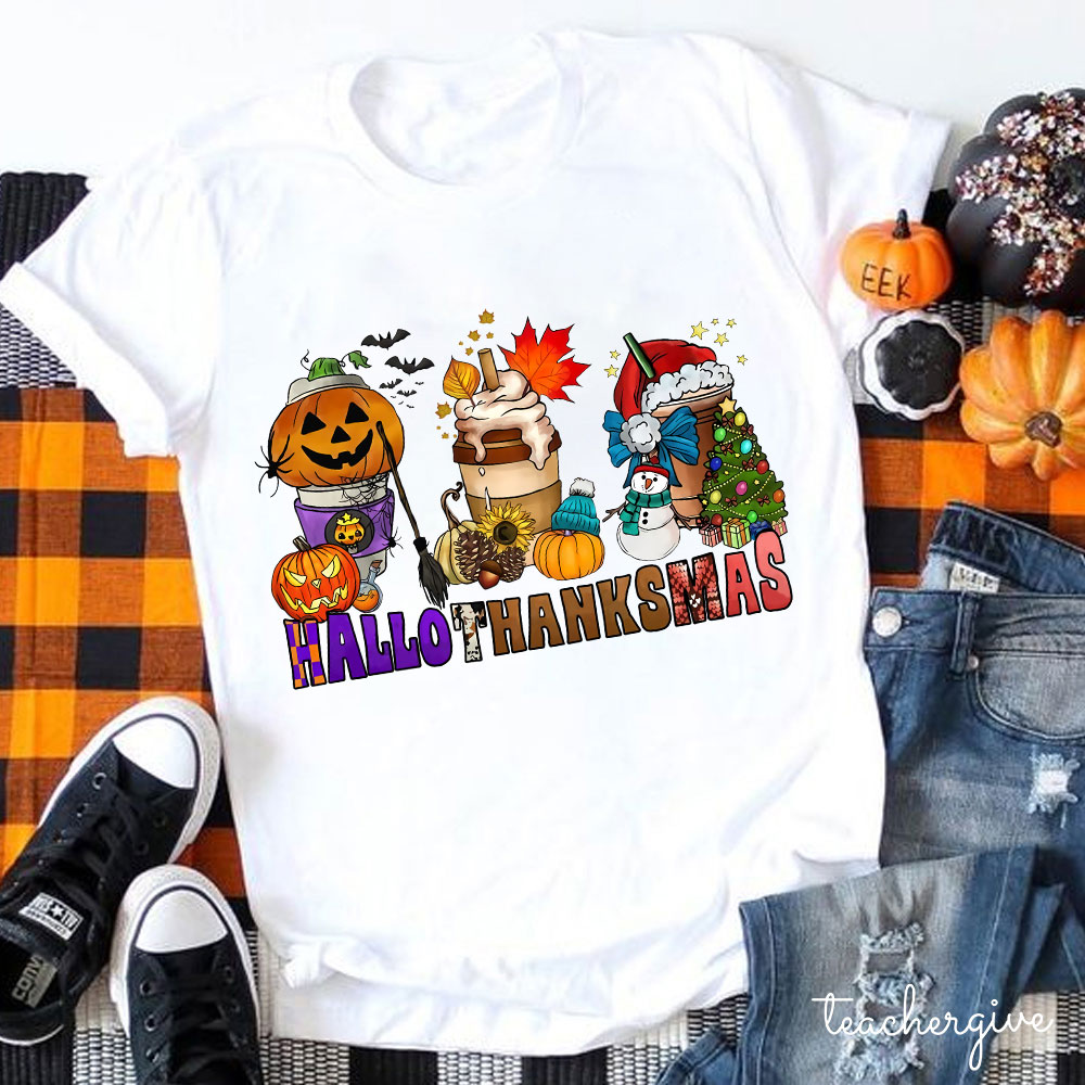 Hallothanksmas Pumpkin Spice Latte Teacher T-Shirt
