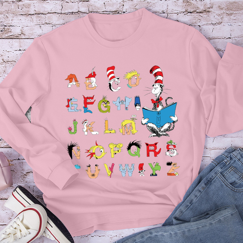 Cat Reading Books With Alphabet Long Sleeve T-Shirt