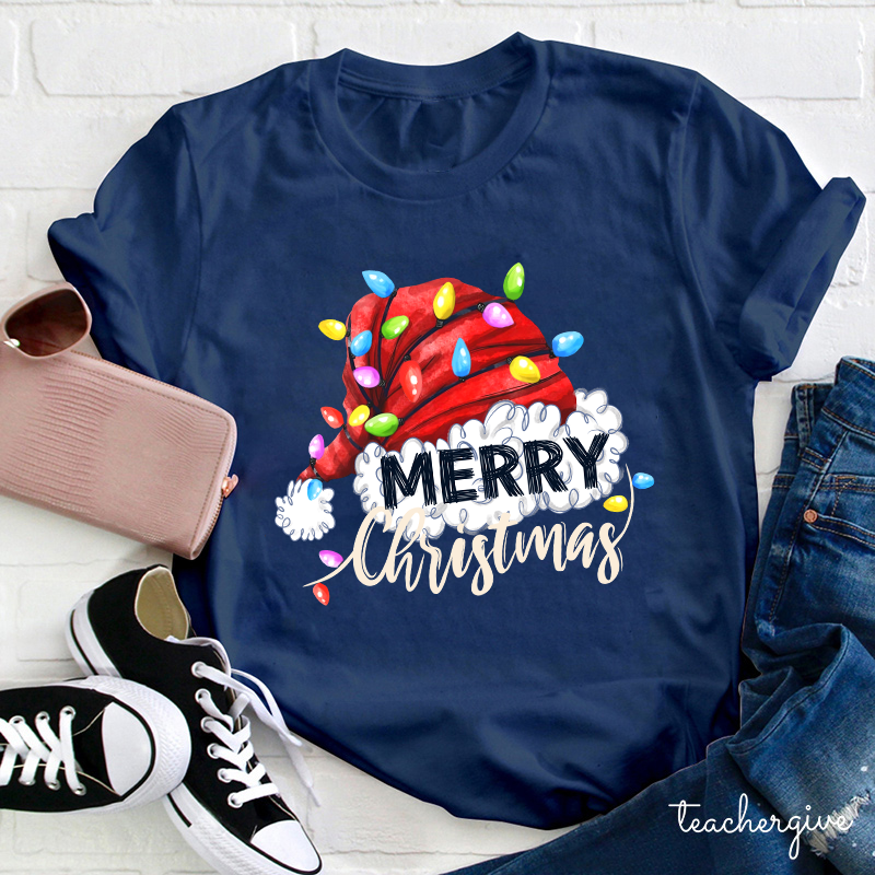 Merry Christmas And Big Red Hat Teacher T-Shirt