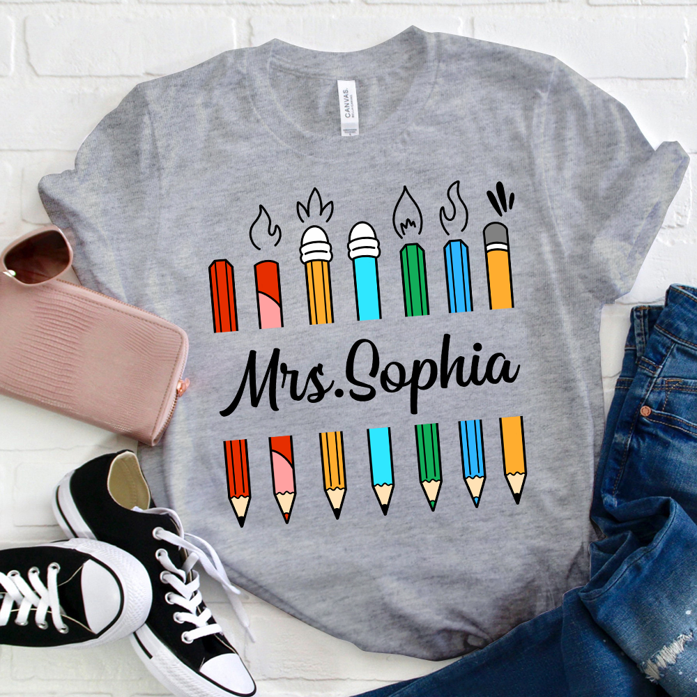 Personalized Colorful Pencil Teacher Name T-Shirt