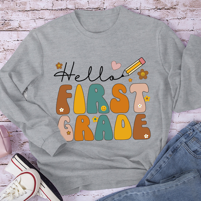 Personalized Hello First Grade Cartoon Letters Long Sleeve T-Shirt