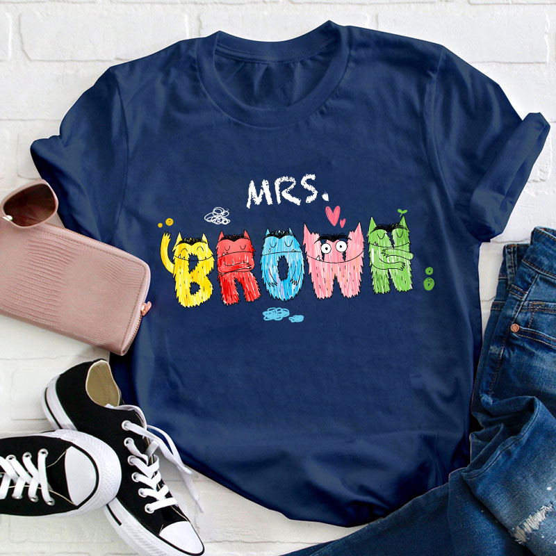 Personalized Name Lively Cute Colorful Monsters Teacher T-Shirt