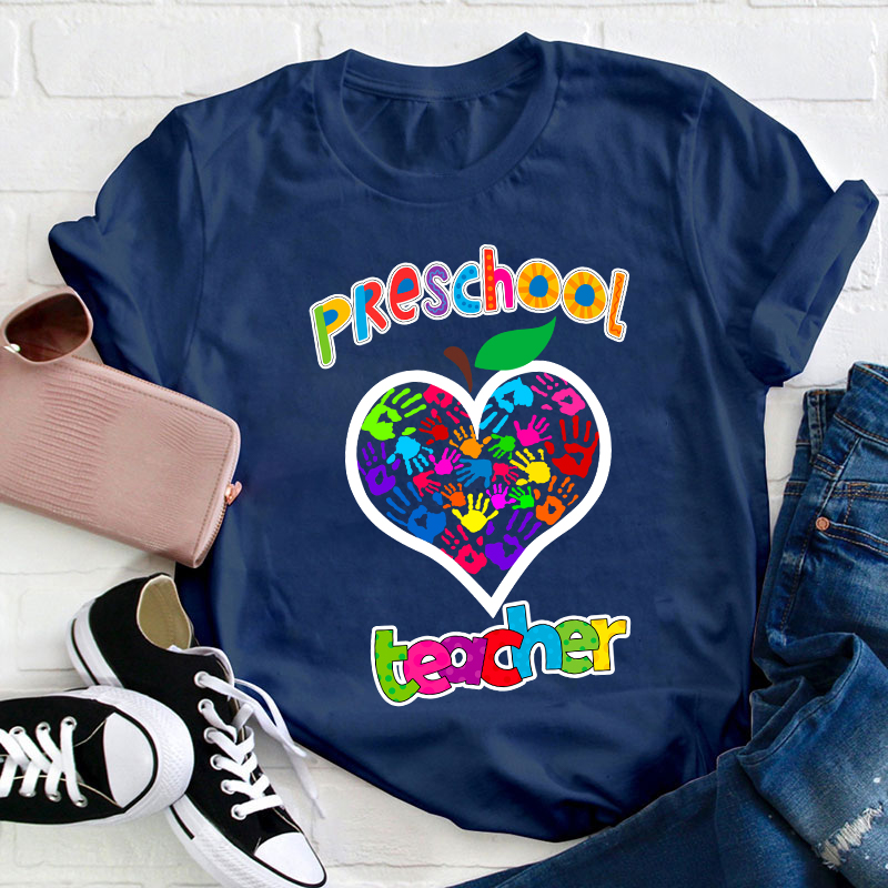 Personalized Colorful Little Hands Form A Love Heart Teacher T-Shirt