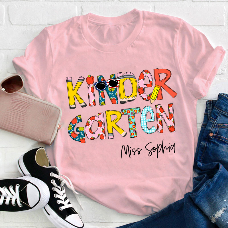 Personalized Name And Grade Colorful Crayon Teacher T-Shirt