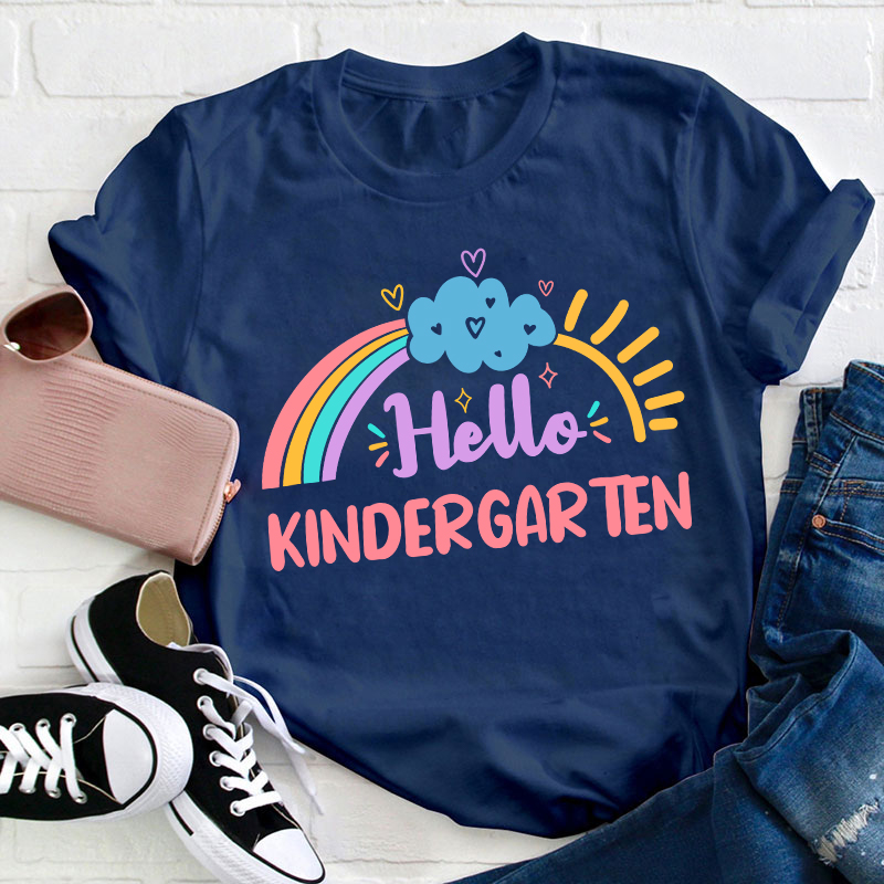 Personalized Colorful Cartoon Sunshine Rainbow And Clouds Teacher T-Shirt