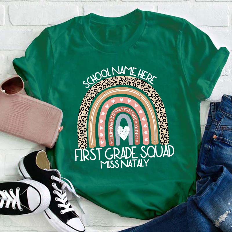 Personalized Grade Name And School Name Leopard Rainbow Teacher T-Shirt