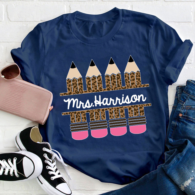 Personalized Name Pink Leopard Pencil Teacher T-Shirt