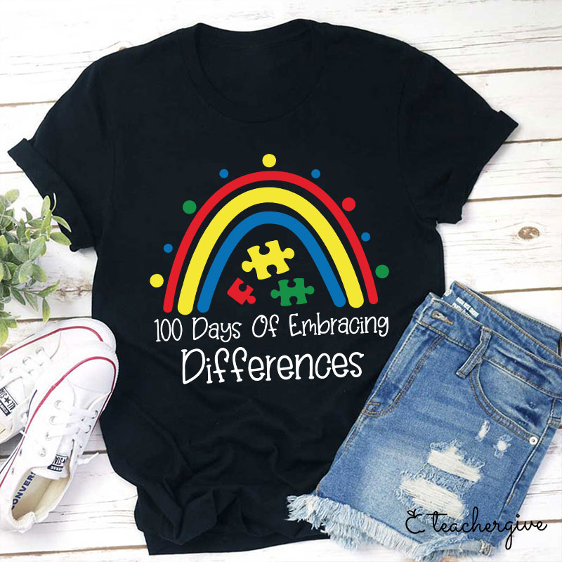 100 Days Of Embracing Differences Rainbow Puzzle Teacher T-Shirt