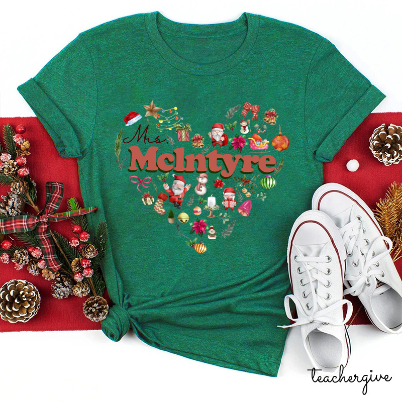 Personalized Christmas Love Heart Teacher T-Shirt