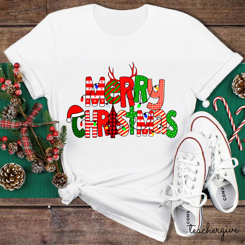 Merry Christmas With Rich Pattern Teacher T-Shirt