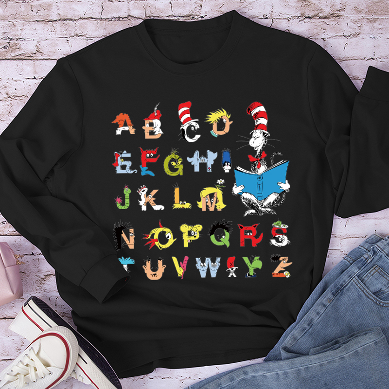 Cat Reading Books With Alphabet Long Sleeve T-Shirt