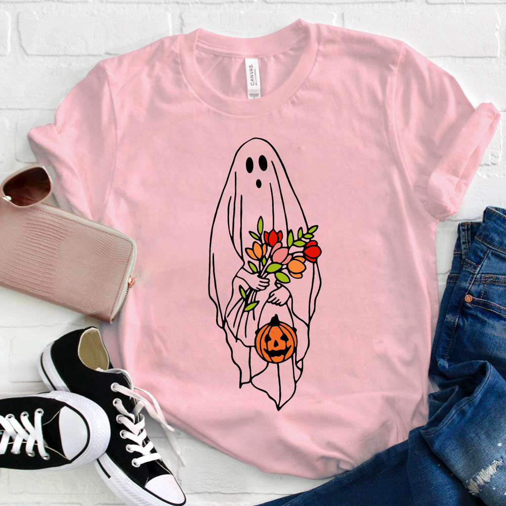 Halloween Ghost Holding Flowers Pumpkin T-Shirt
