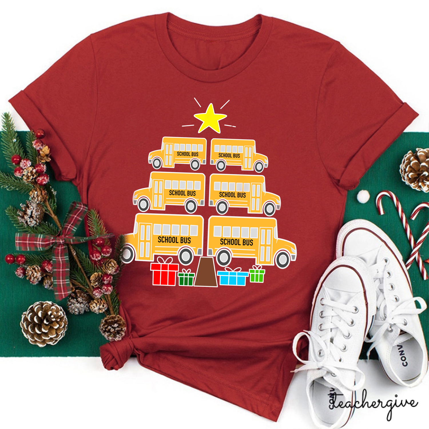 Our School Bus Deliver Christmas Presents Also Teacher T-Shirt