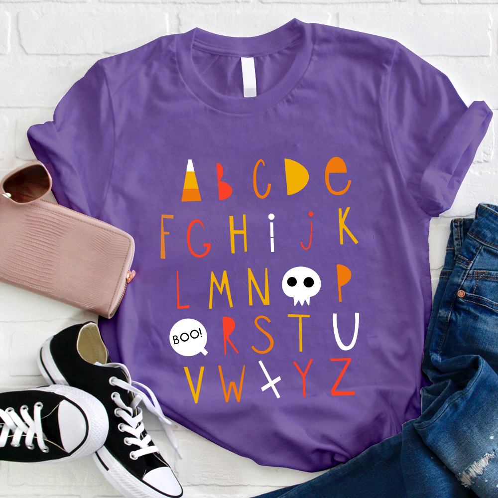 Cartoon Halloween Vibes Alphabet Teacher T-Shirt