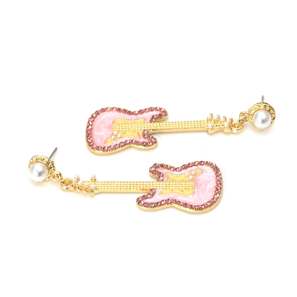 Pink Rhinestone Guitar   Metal Earrings