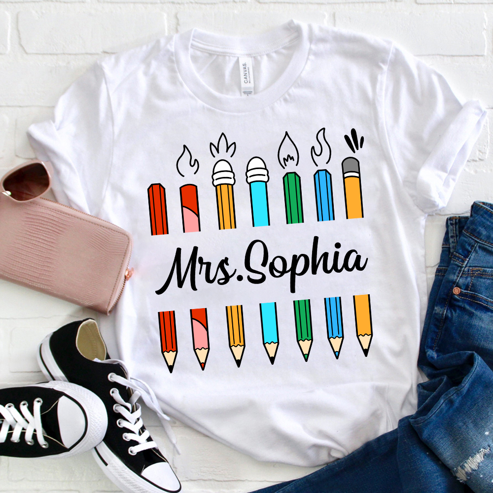 Personalized Colorful Pencil Teacher Name T-Shirt