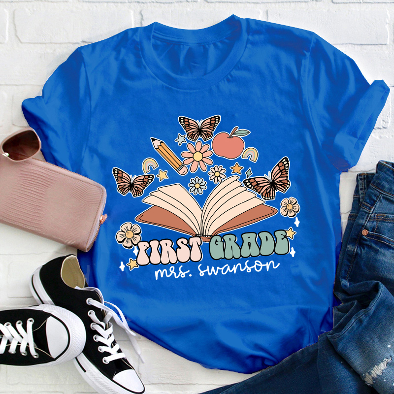 Personalized Name And Grade Books Flowers Butterflies Teacher T-Shirt