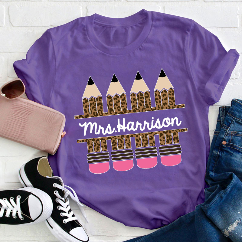 Personalized Name Pink Leopard Pencil Teacher T-Shirt
