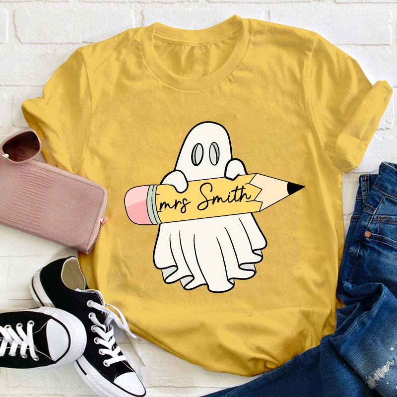 Personalized Name Halloween Ghost Holding A Pencil Teacher T-Shirt