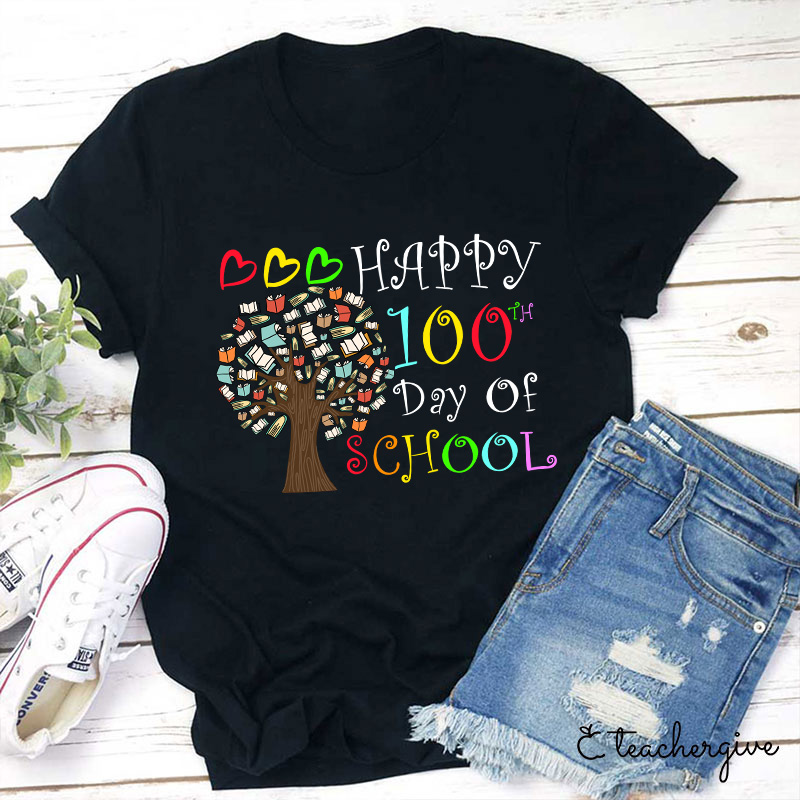 Happy 100 Day Of School Book Tree Teacher T-Shirt
