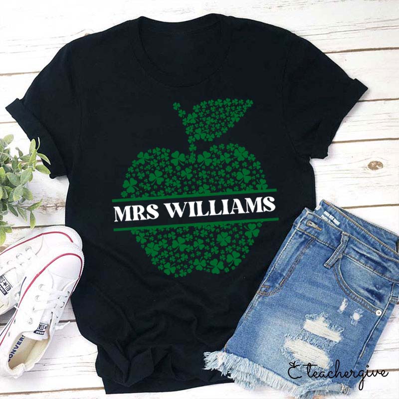 Personalized Name Apple-Shaped Clovers Teacher T-Shirt
