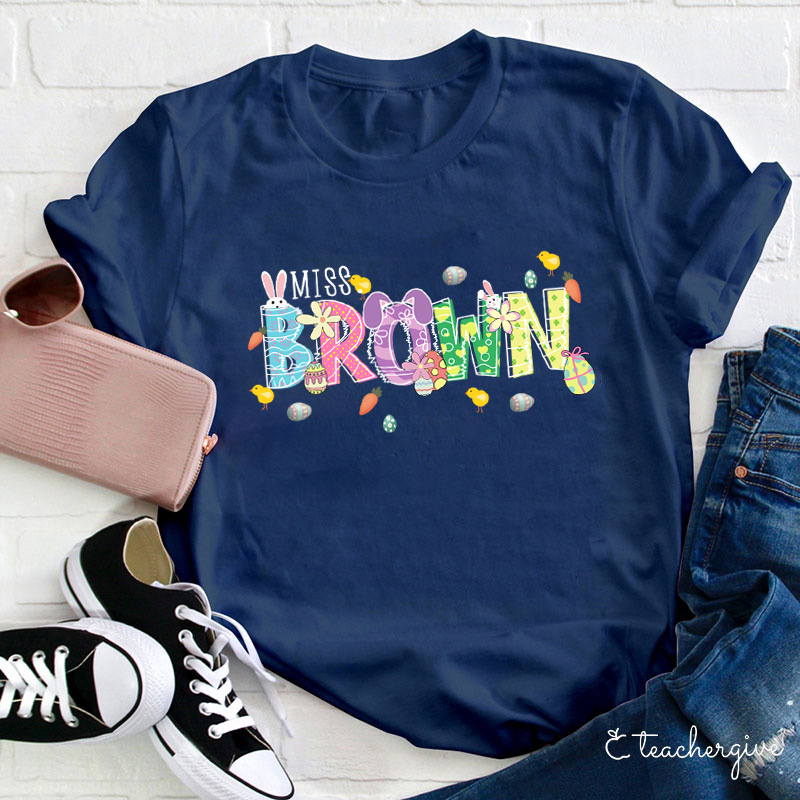Personalized Easter Bunnies Hoppy Day Teacher T-Shirt