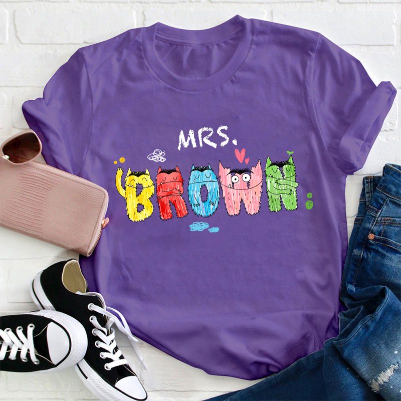 Personalized Name Lively Cute Colorful Monsters Teacher T-Shirt