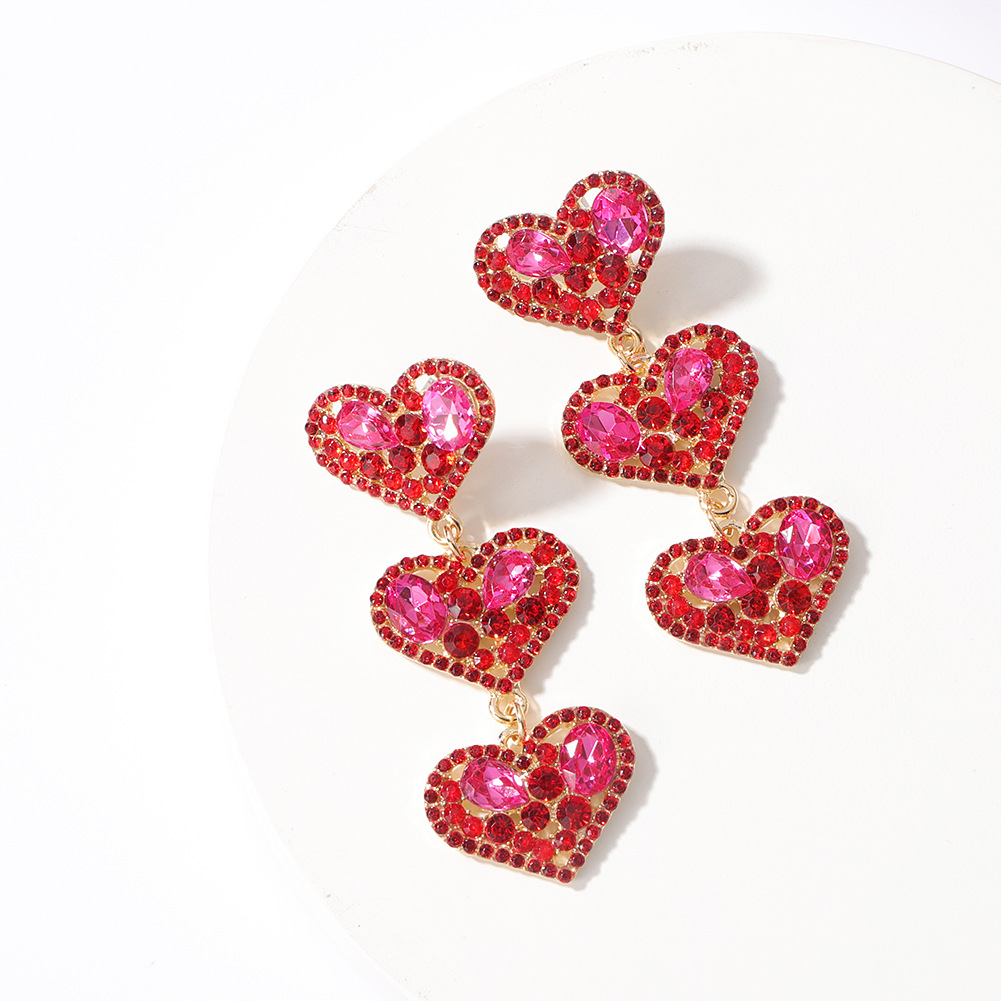 Pink Hearts Rhinestone  Metal Earrings