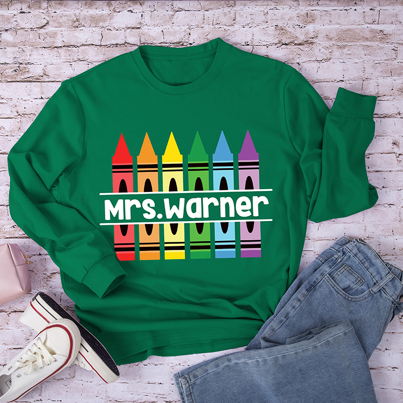 Personalized Pencil Crayon Teacher Name Long Sleeve T-Shirt