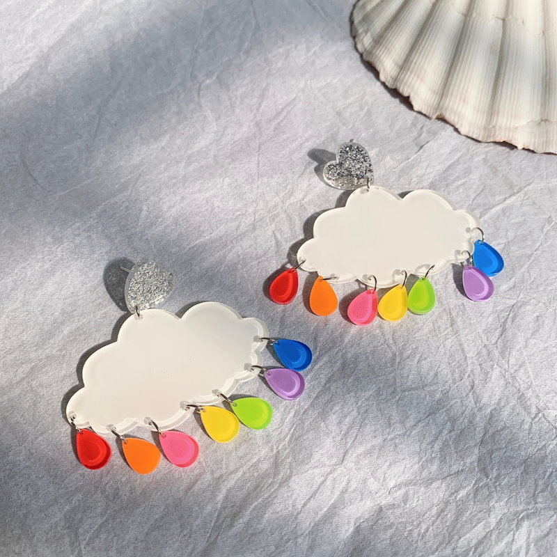 Rainbow Raindrops  Cloud Acrylic Earrings