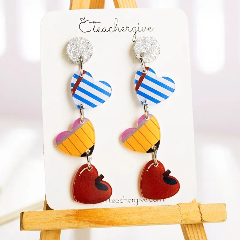 Teachergive Pencil Apple Hearts Tassel Acrylic Earrings