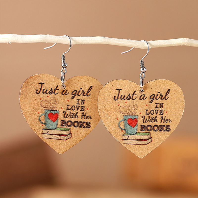 Heart-Shaped Bookshelf Just A Girl In Love With Her Books Teacher Wooden Earrings