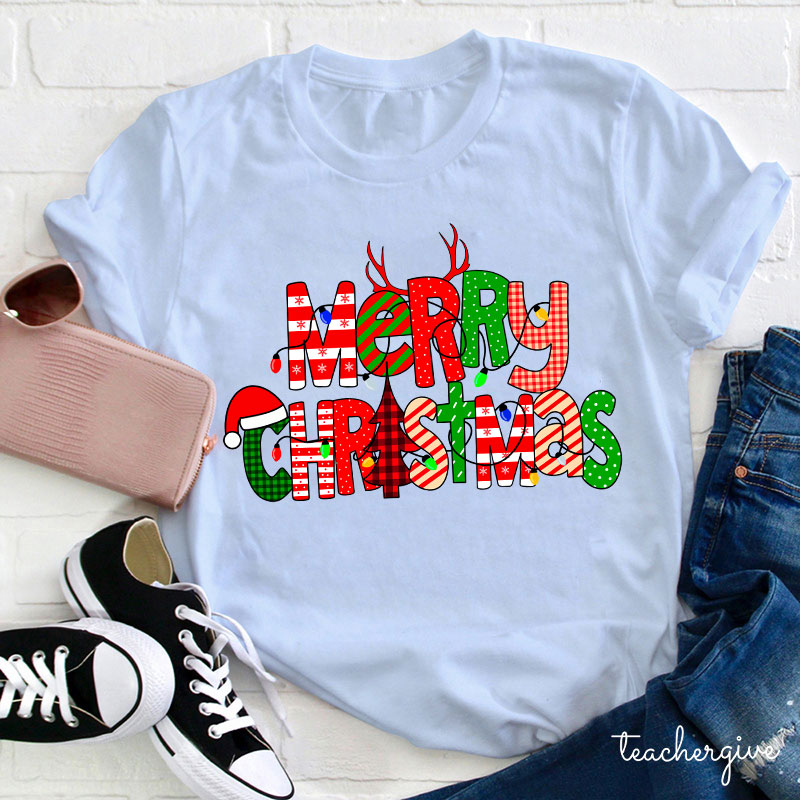 Merry Christmas With Rich Pattern Teacher T-Shirt