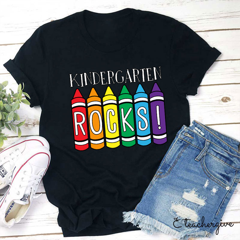 Personalized Grade Crayons Kindergarten Rocks Teacher T-Shirt