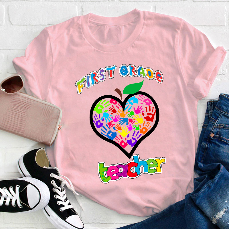 Personalized Colorful Little Hands Form A Love Heart Teacher T-Shirt