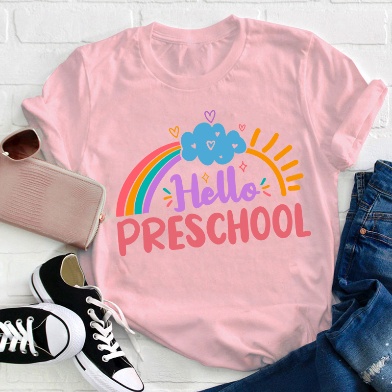 Personalized Colorful Cartoon Sunshine Rainbow And Clouds Teacher T-Shirt