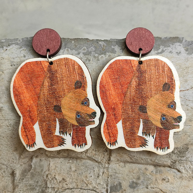 Cartoon Big Bear  Wooden Earrings