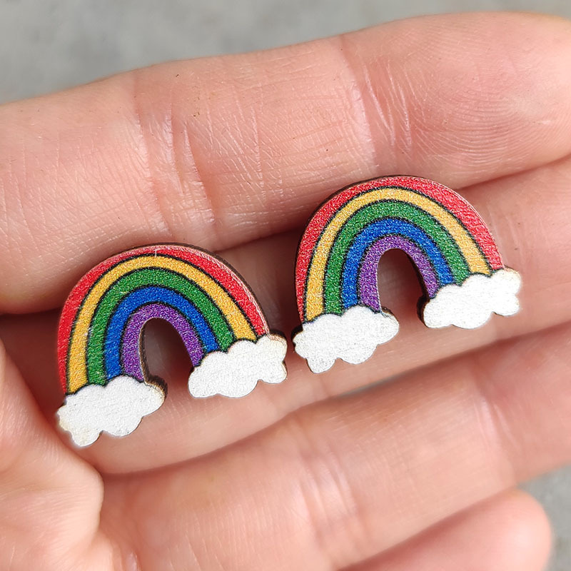 Rainbow And Clouds Wooden Earrings