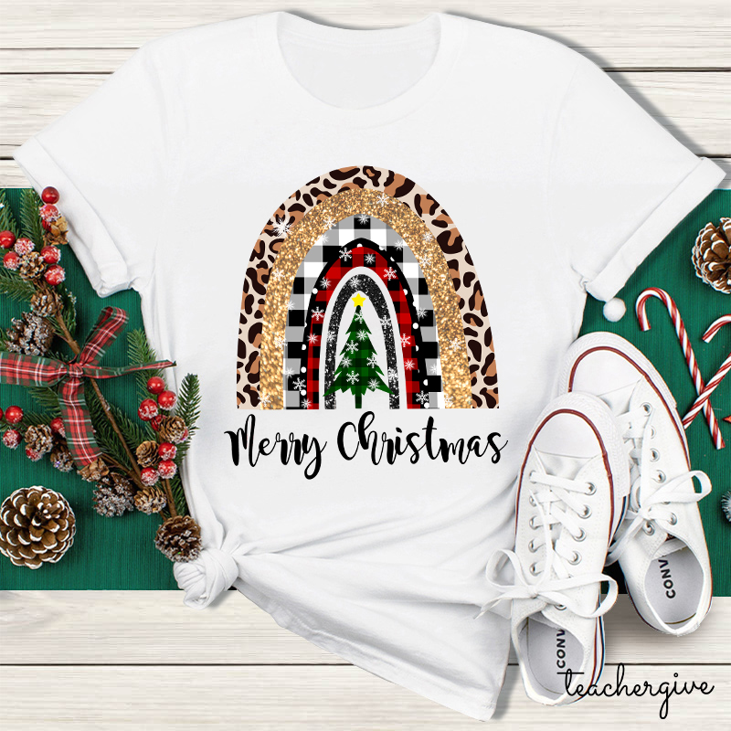 Merry Christmas A Christmas Tree In The Snow Teacher T-Shirt