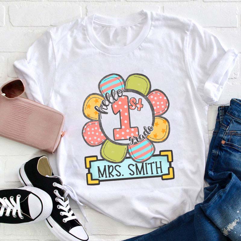 Personalized Name And Grade Flower Hello Teacher T-Shirt