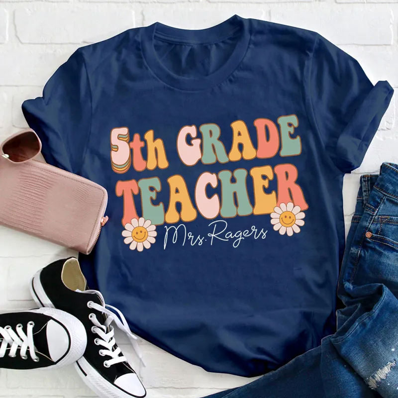 Personalized Pink Flowers Teacher T-Shirt