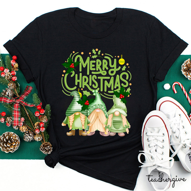 Merry Christmas Three Green Gnomes Teacher T-Shirt