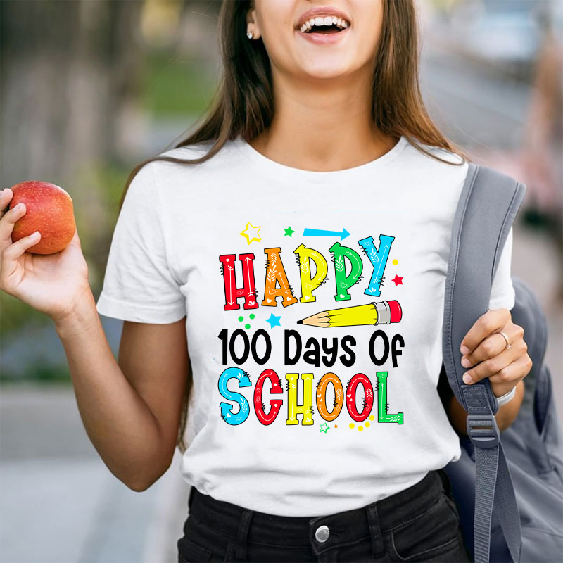 Pencil Happy 100 Days Of School Starry Teacher T-Shirt