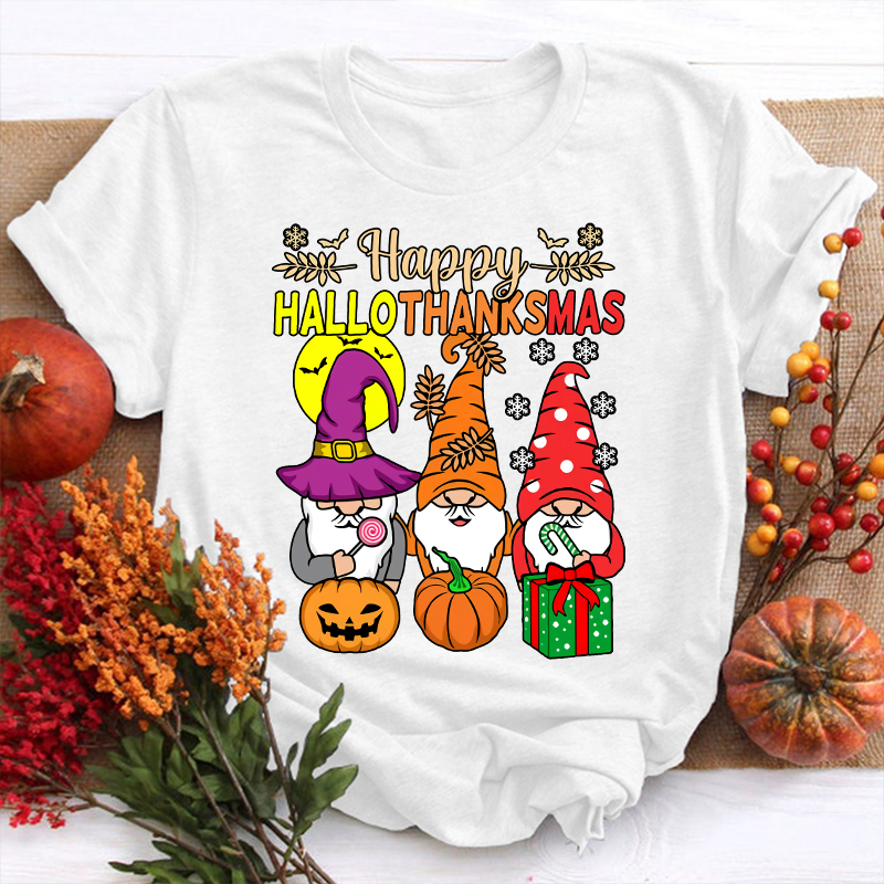 Gnomes Siblings Happy Hallothanksmas Teacher T-Shirt