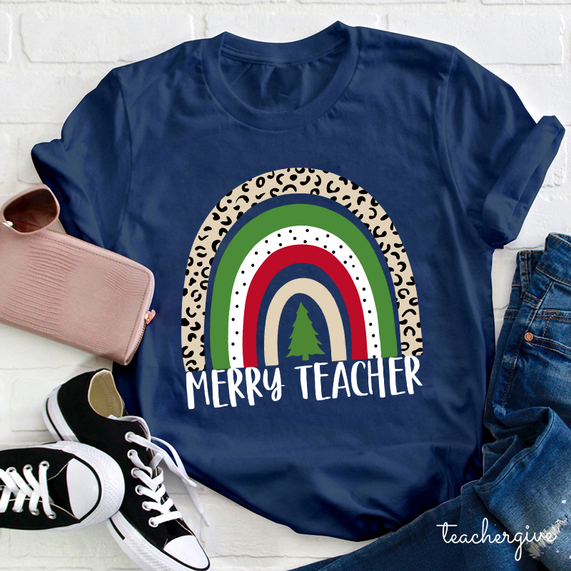 Merry Teacher Christmas Vibes Rainbow Teacher T-Shirt