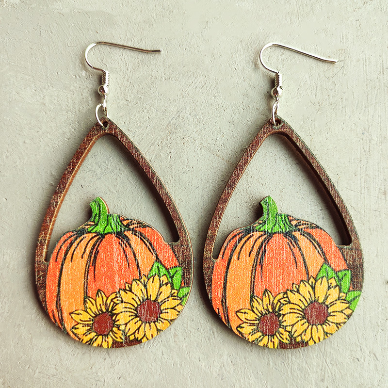 Raindrop Pumpkin Sunflower Wooden Earrings
