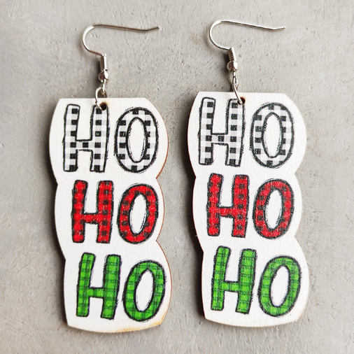 Plaid Letters Christmas Wooden Earrings