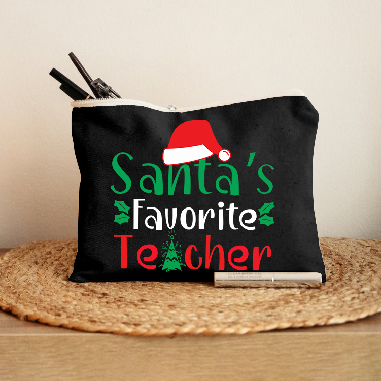 Santa's Favorite Teacher Christmas Tree Makeup Bag