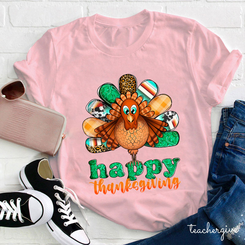 Happy Thanksgiving Shining Green Teacher T-Shirt